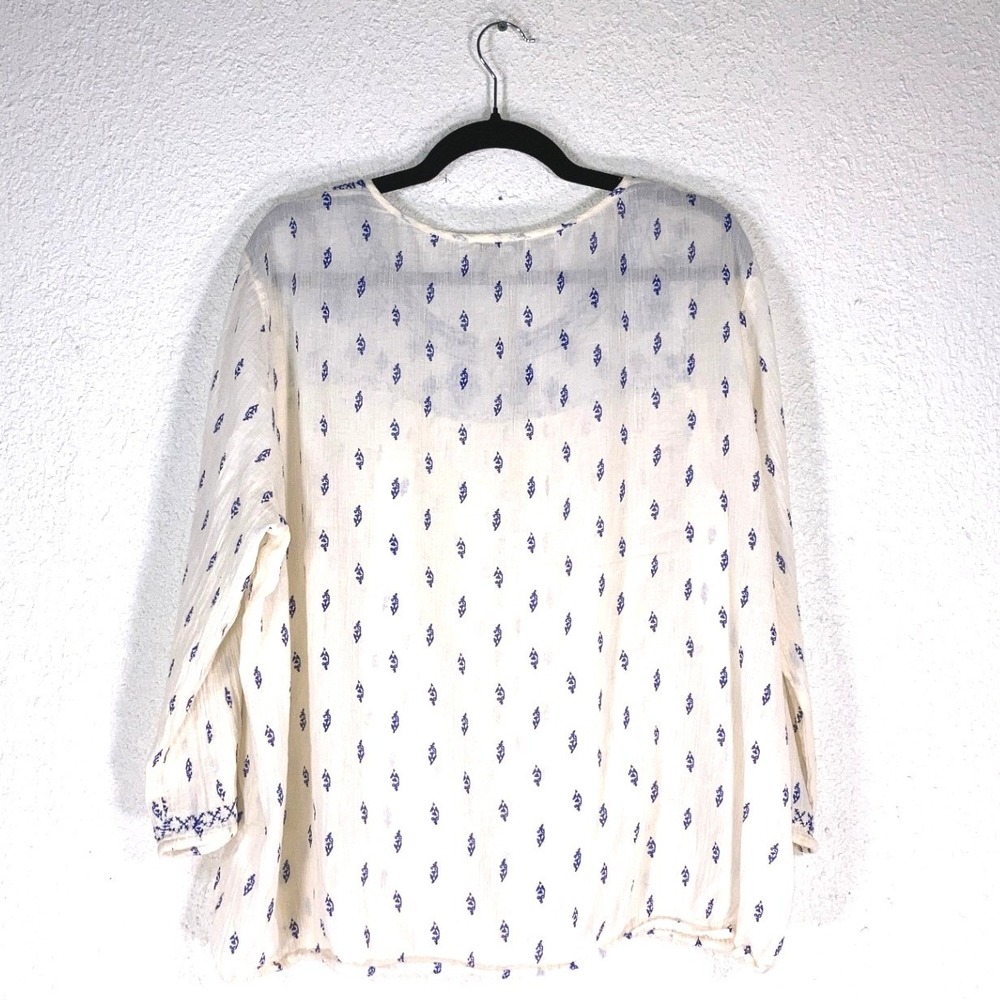 Lucky Brand Womens XL Embroidered Boho Peasant Blouse Blue White Cotton Top - Picture 2 of 9